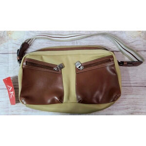 AK Anne Klein Zip Around Khaki Brown Shoulder Hand Bag Purse Nylon New